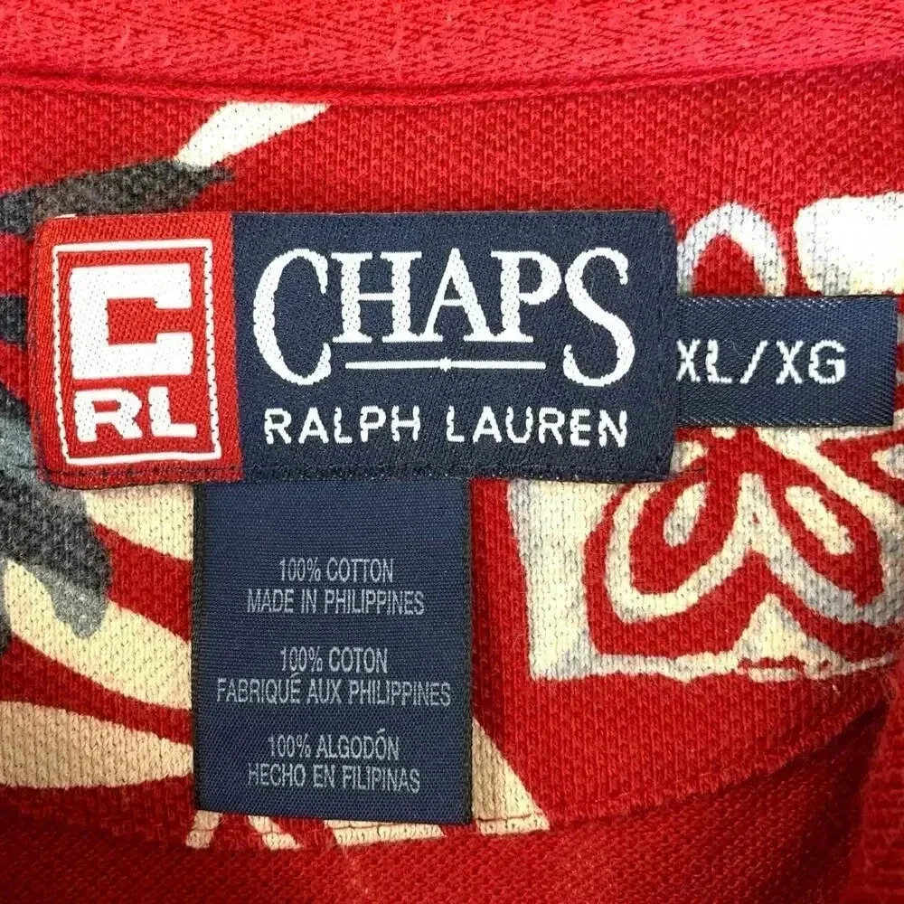 Ralph Lauren Chaps Vintage Hawaiian Short Sleeve Knit Polo Shirt XL Red Cotton